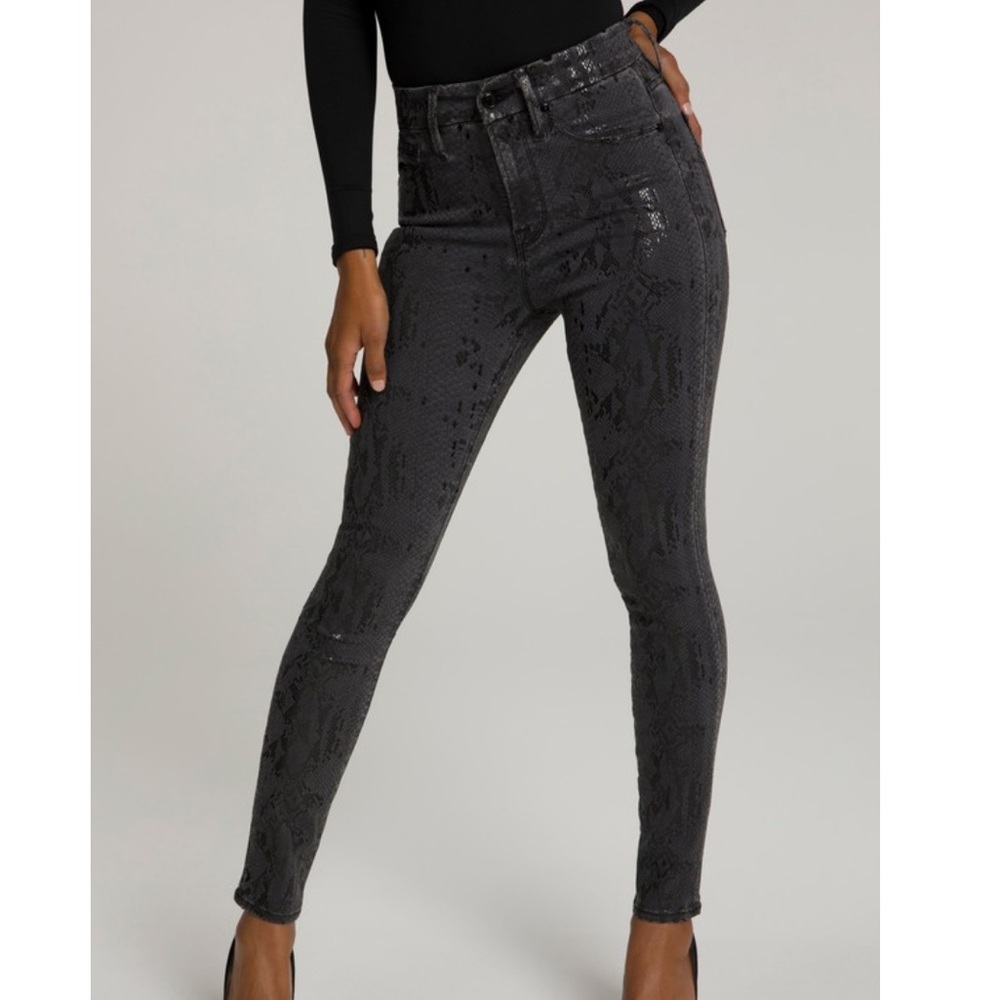 Good American Snake Print Skinny Jeans- snake print black and grey wax coated 27